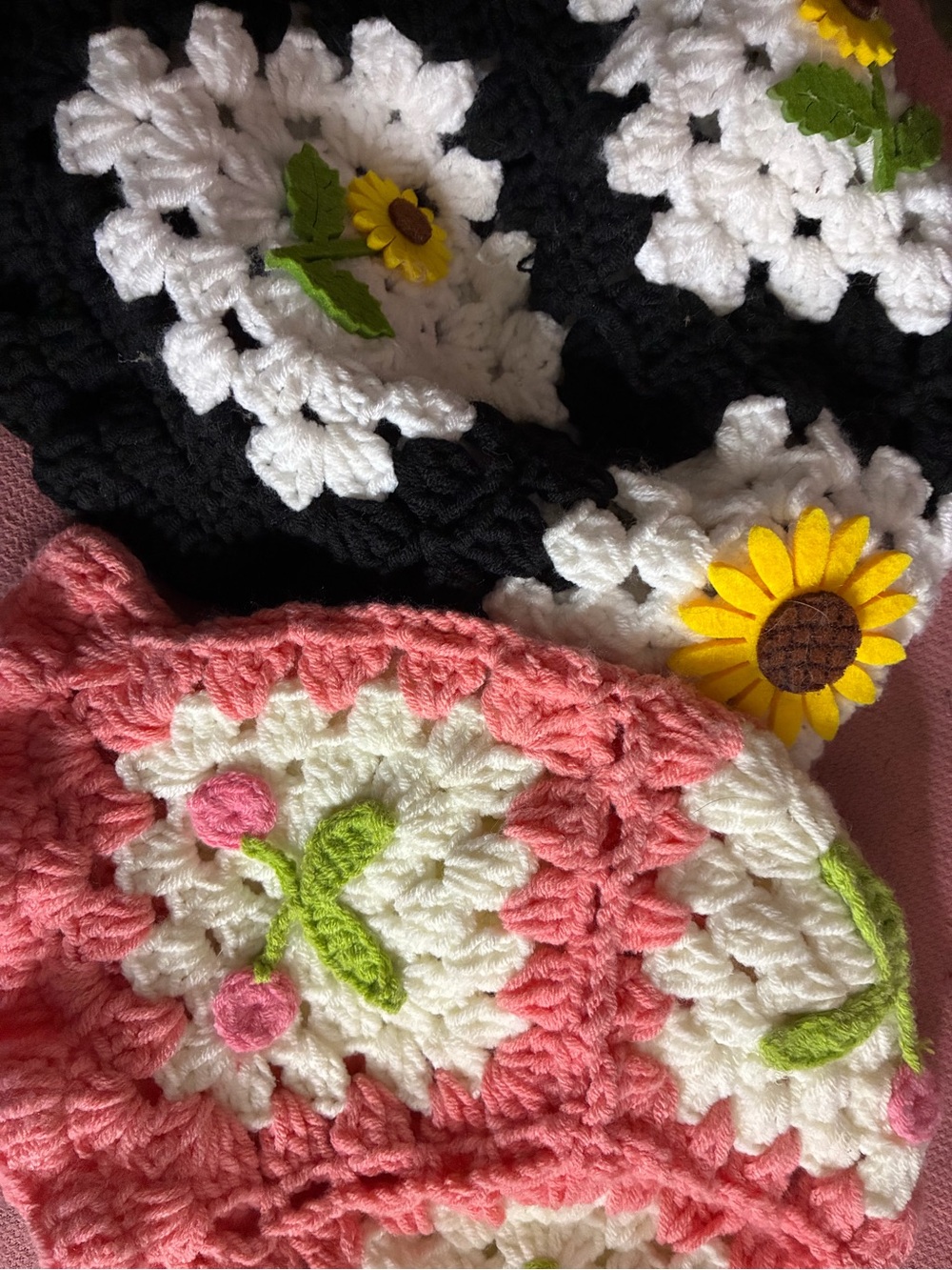 Hand-Crocheted Floral Granny Square Beanies - White, Pink, Black, Green, Yellow